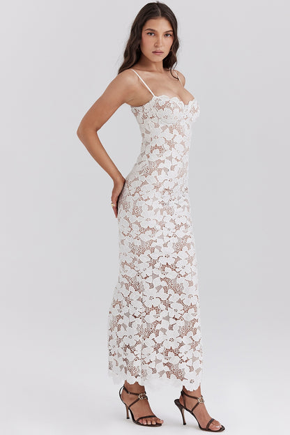 Floral Lace Corset Maxi Dress White