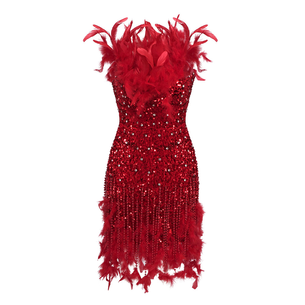 Strapless Feather Crystal Sequin Dress Red HV1296