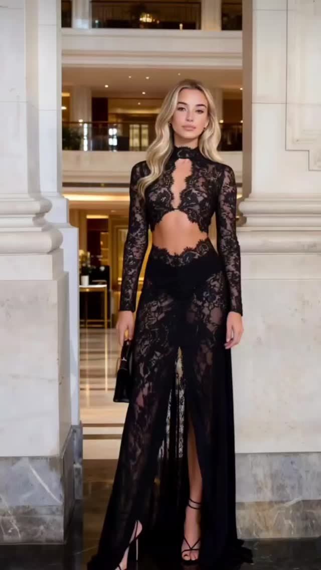 Long Sleeve Cut Out Lace Maxi Dress Black HV2038