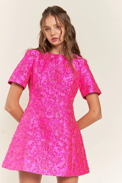 Short Sleeve Floral Sequin Dress Hot Pink HV1309