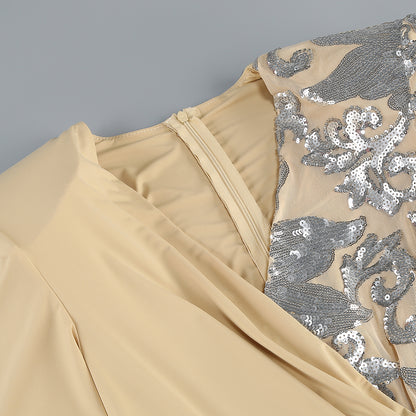 Long Sleeve Sequin Jumpsuit Sand Silver HV2059