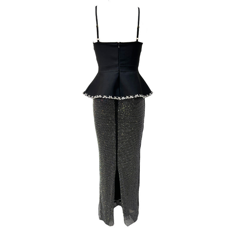 Crystal Peplum Maxi Dress Black Silver HV2669