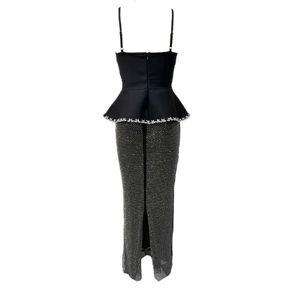 Crystal Peplum Maxi Dress Black Silver HV2669