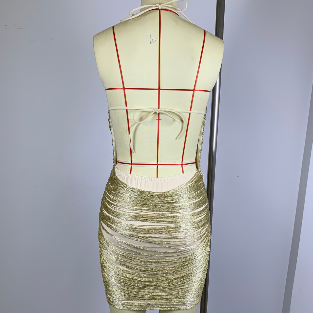 Halter Tassel Detail Dress Gold HV3108