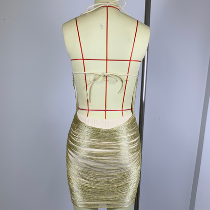 Halter Tassel Detail Dress Gold HV3108