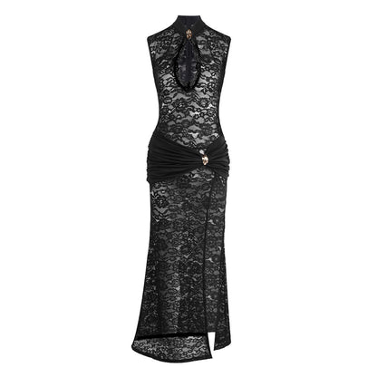 Cut Out Detail Lace Maxi Dress สีดำ HV0020