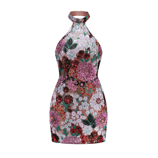 Halter Sequin Floral Dress Hot Pink Green HV2423