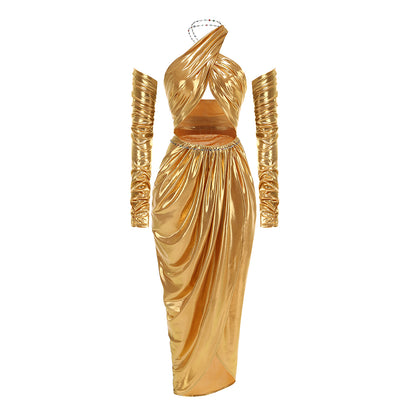 Halter Long Sleeves Draped Maxi Dress Gold HV1653