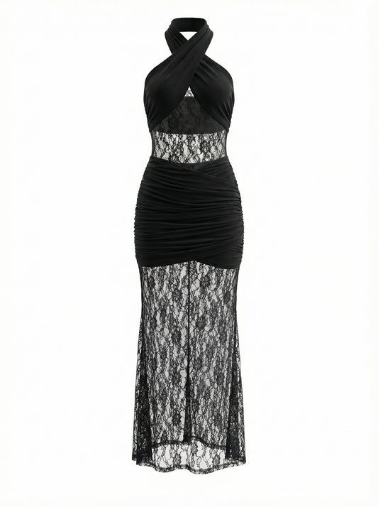 Halter Lace Insert Ruched Maxi Dress Black HV2752