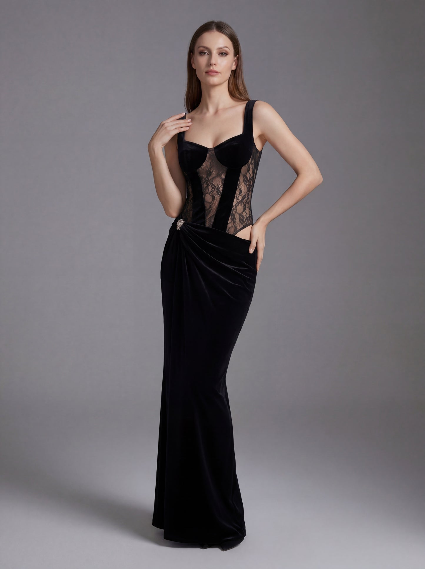 Lace Bustier Draped Maxi Velvet Dress Black HV2918
