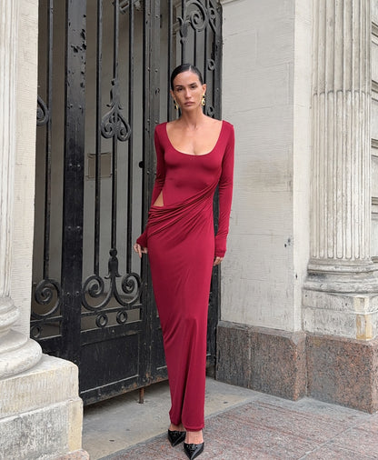 Long Sleeve Cut Out Detail Maxi Dress Burgundy HV3150