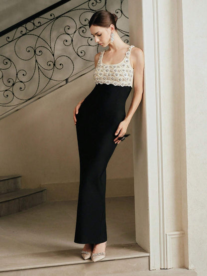 Floral Bustier Maxi Dress Black Ivory HV2607
