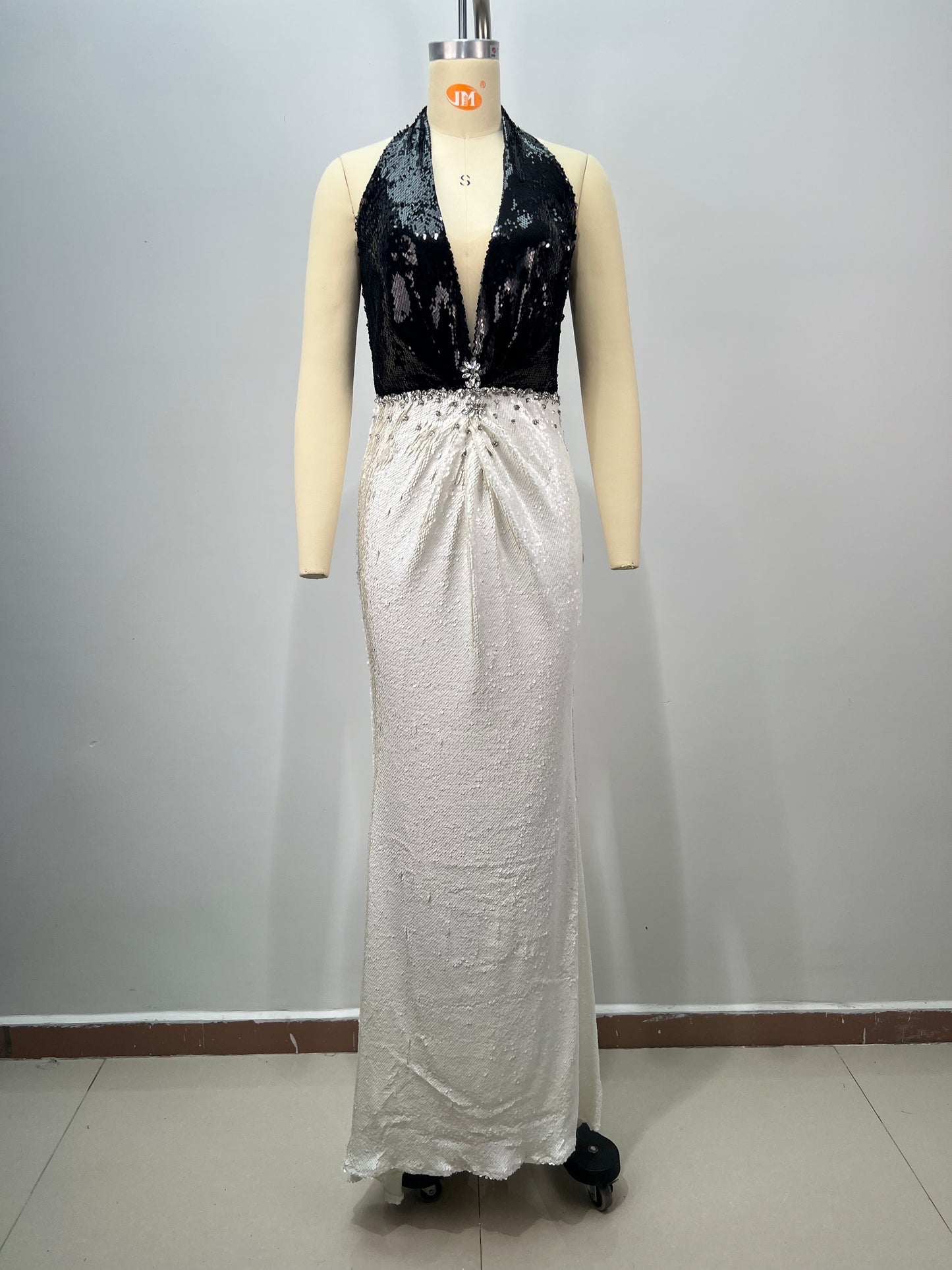 Halter Crystal Detail Sequin Maxi Dress Black White HV2872