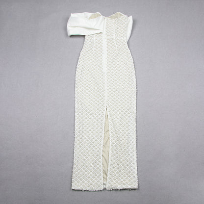 Draped Bardot Pearl Maxi Dress White HV1133