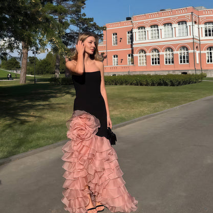 Strapless Floral Ruffle Maxi Dress Black Pink HV2811