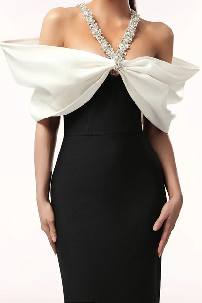 Halter Crystal Bardot Maxi Dress Black White HV2677
