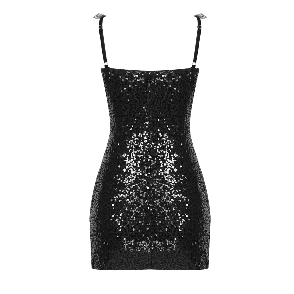 Crystal Sequin Bustier Draped Dress Black HV9568