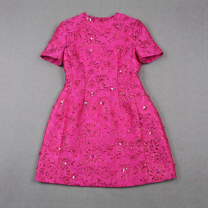 Short Sleeve Floral Sequin Dress Hot Pink HV1309