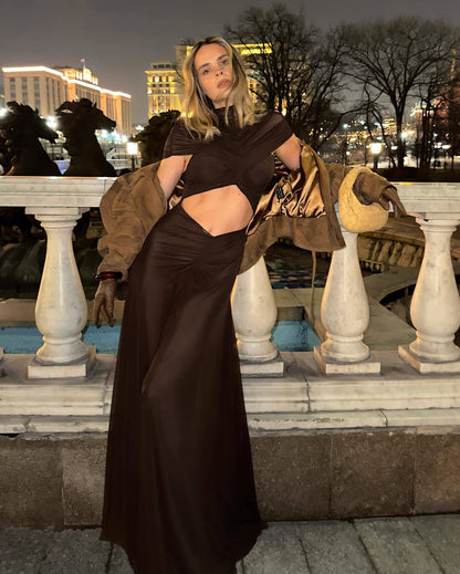 Draped Mesh Cut Out A Line Maxi Dress Brown HV2671