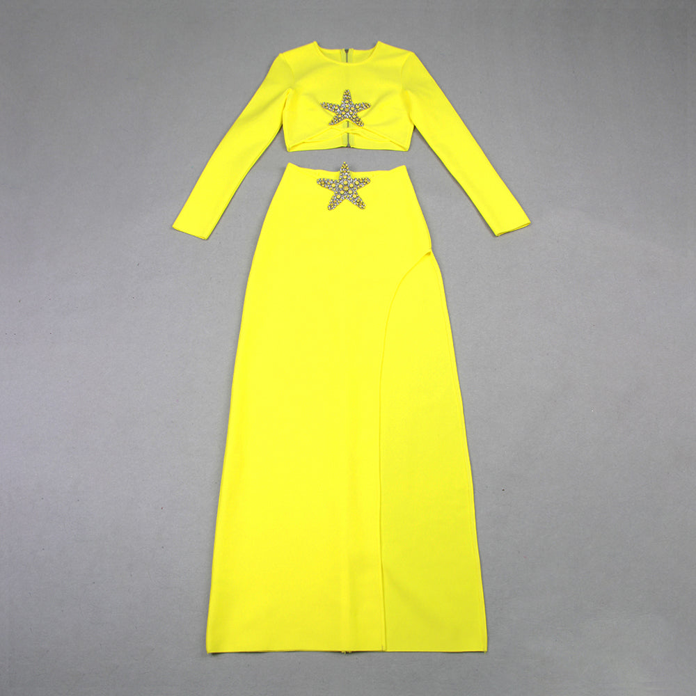 Long Sleeve Star Detail Two Piece Maxi Dress Yellow  HV9902