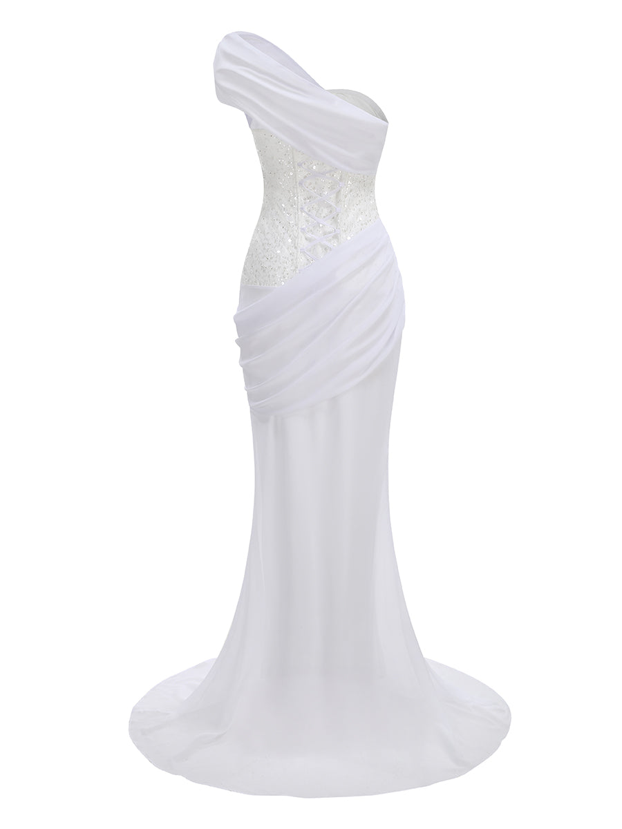 Draped One Shoulder Sequin Corset Maxi Dress HV3208