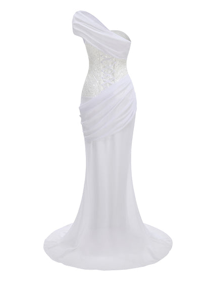 Draped One Shoulder Sequin Corset Maxi Dress HV3208
