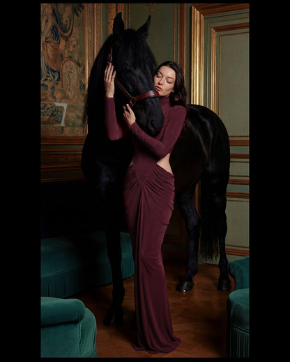 Long Sleeve Draped Cut Out Detail Maxi Dress Burgundy HV2675
