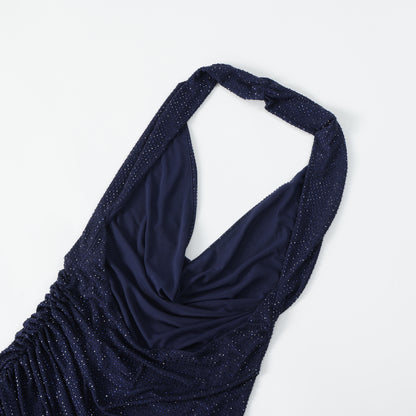Halter Embellished Backless Maxi Dress Navy Blue HV3183