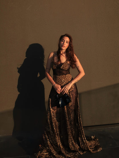 Animal Print Lace Insert Maxi Dress HV3144