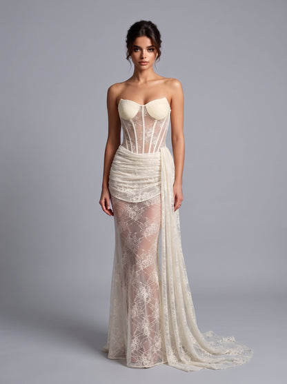 Strapless Draped Lace Bustier Maxi Dress Ivory HV3230