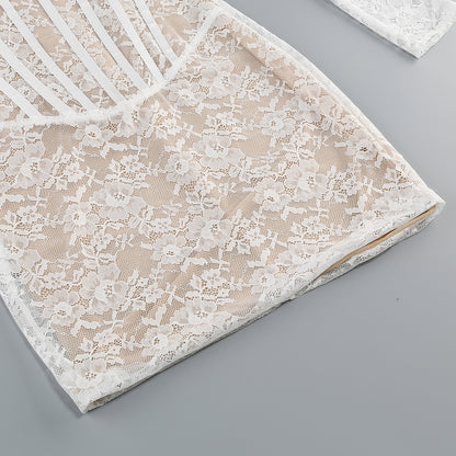 Long Sleeve Structured Lace Dress White