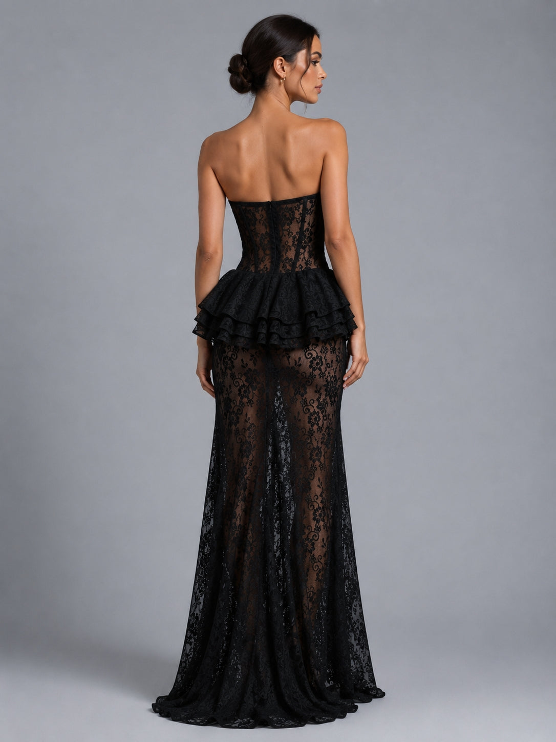 Strapless Lace Bustier Peplum Maxi Dress Black HV3131