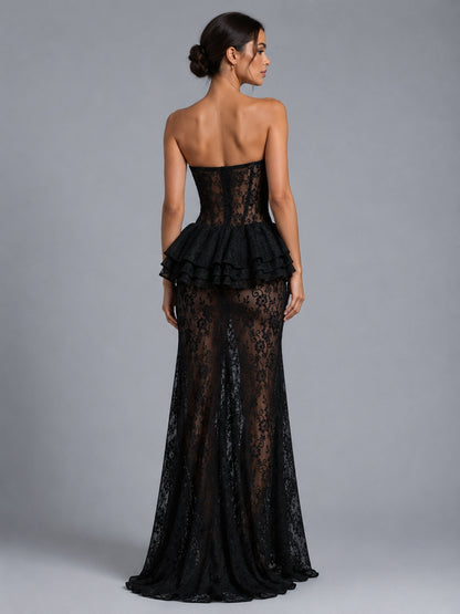 Strapless Lace Bustier Peplum Maxi Dress Black HV3131