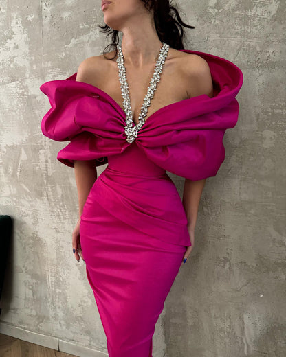 Halter Crystal Draped Bardot Maxi Dress