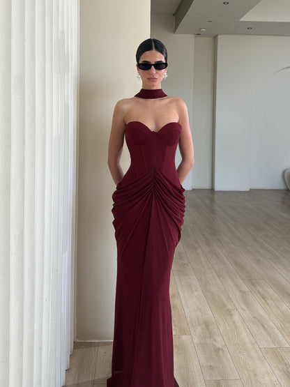 Strapless Draped Maxi Dress Burgundy HV2692