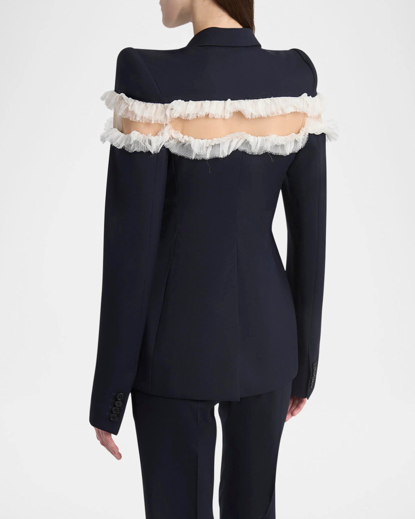 Frayed Ruffle Detail Suit Navy Blue HV2804