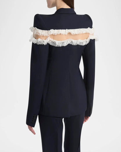 Frayed Ruffle Detail Suit Navy Blue HV2804