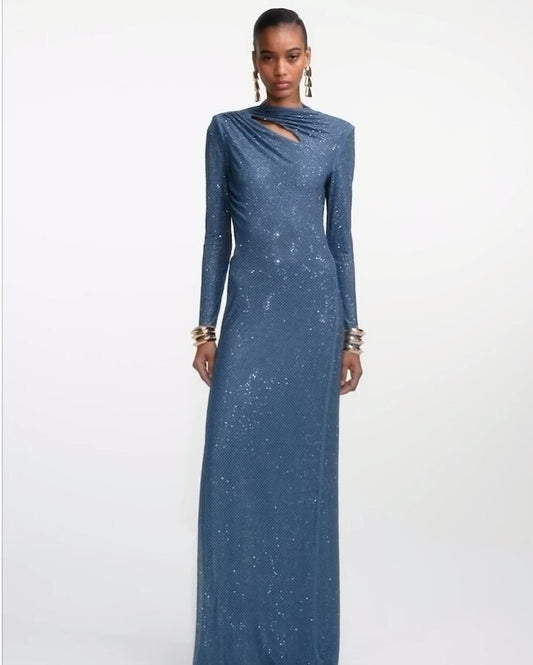 Long Sleeve Embellished Backless Maxi Dress Teal HV2837