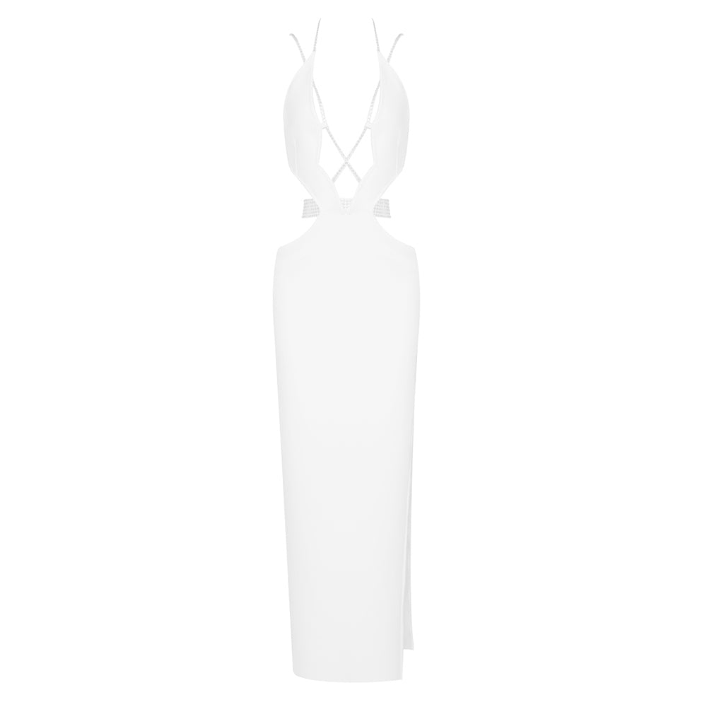 Halter Strappy Crystal Maxi Dress White HV9813