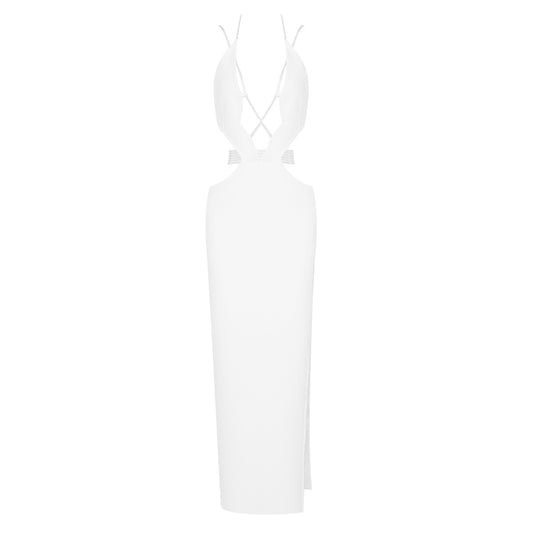 Halter Strappy Crystal Maxi Dress White HV9813