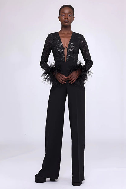 Long Sleeve Sequin Feather Jumpsuit Black HV1079