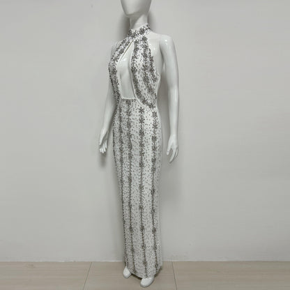 Halter Crystal Cut Out Maxi Dress  HV3082