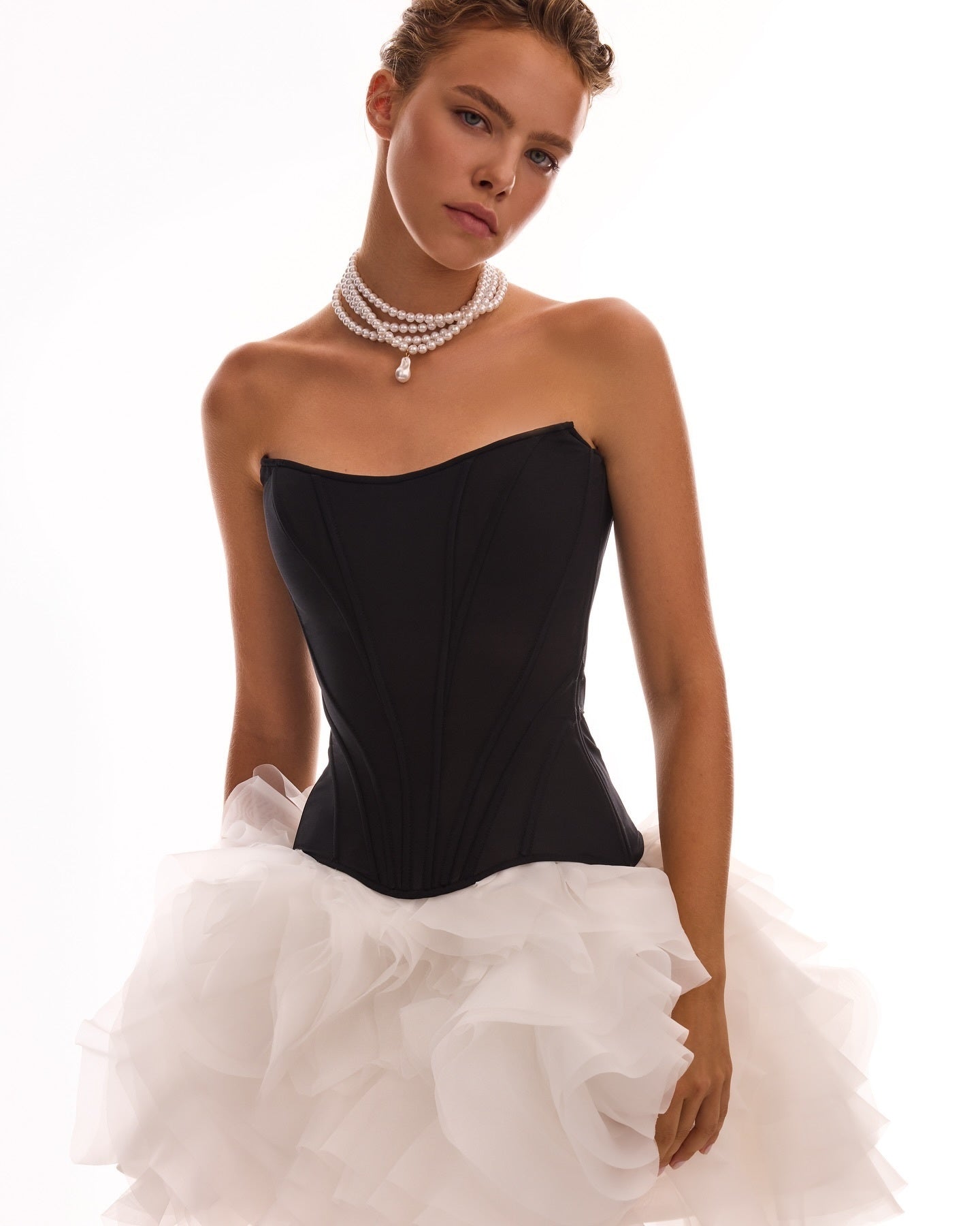 Strapless A Line Mesh Dress Black White HV2766
