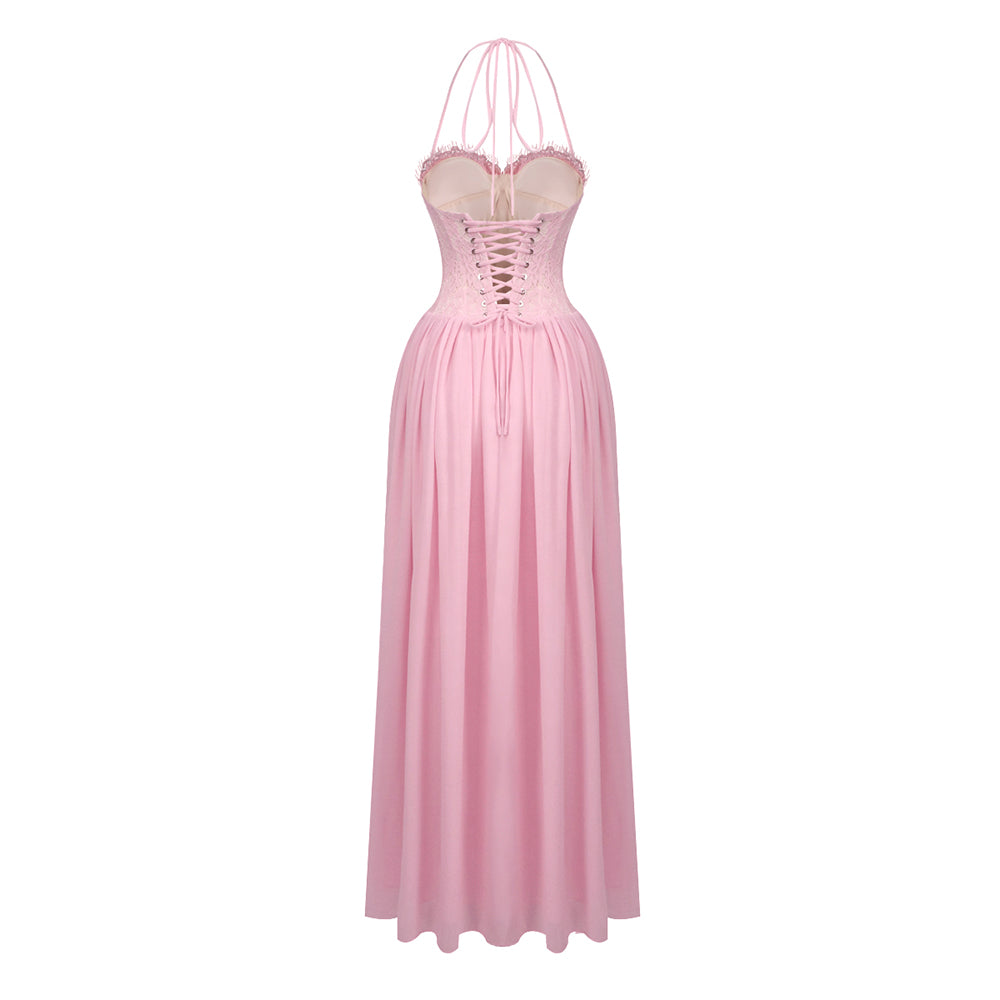 Halter Lace Corset A Line Maxi Dress HV0149