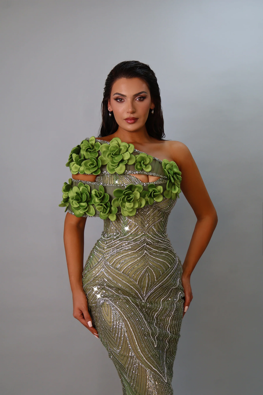 Floral Bardot Sequin Maxi Dress Green HV2400