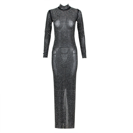 Long Sleeve Studded Mesh Maxi Dress Black HV9952