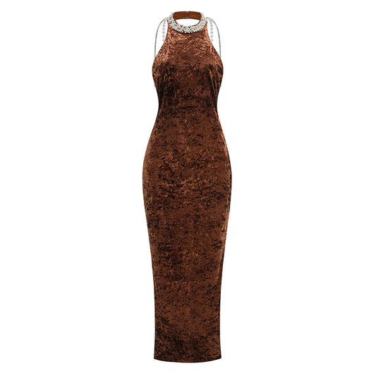 Halter Pearl Embellished Maxi Velvet Dress Brown HV2916