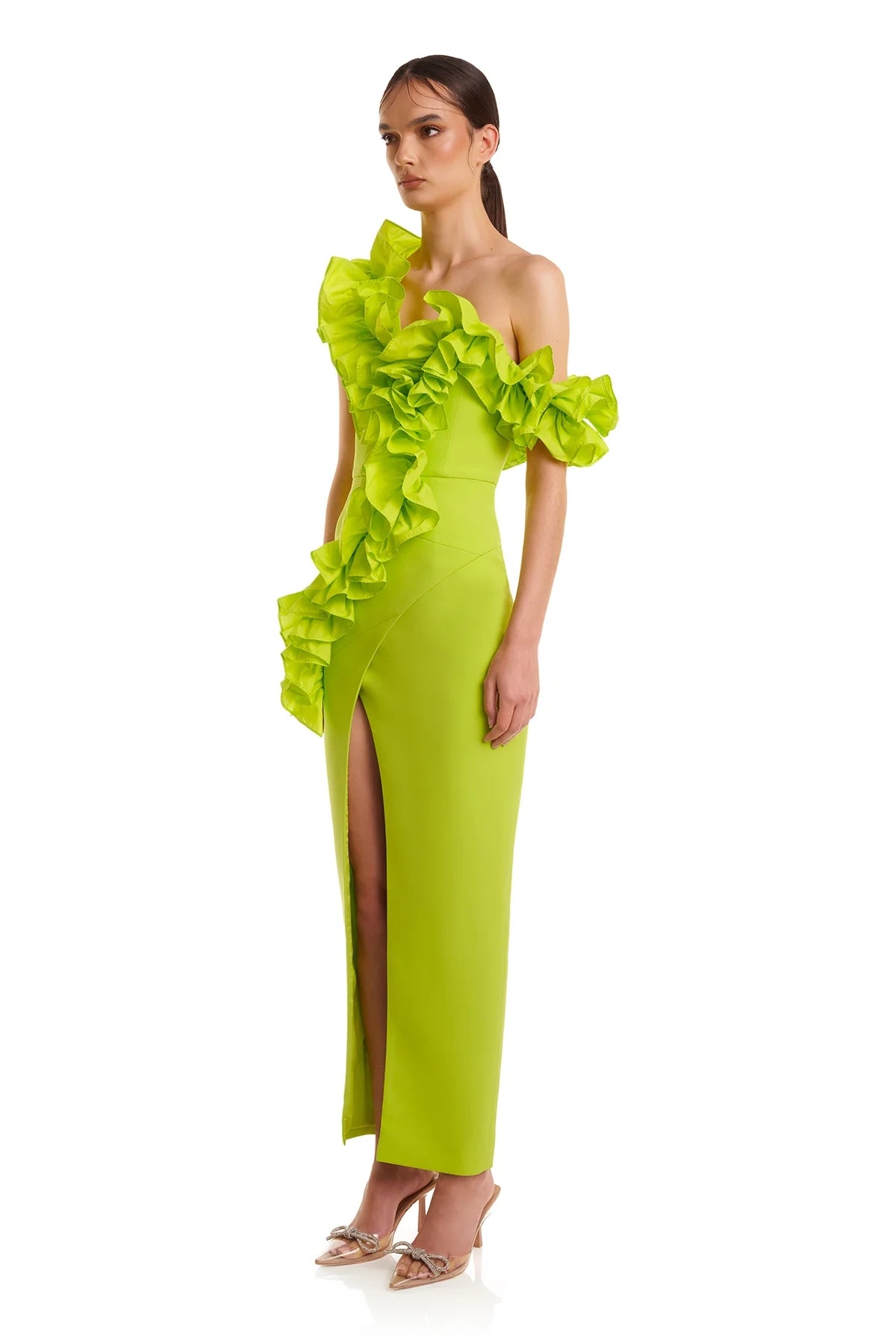 One Shoulder Ruffle Maxi Dress Neon Green HV1511