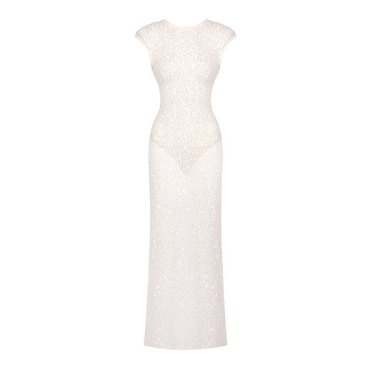 Embellished Backless Maxi Dress White HV0067