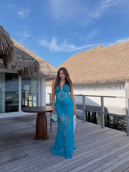 Halter Structured Lace Maxi Dress Turquoise HV2494